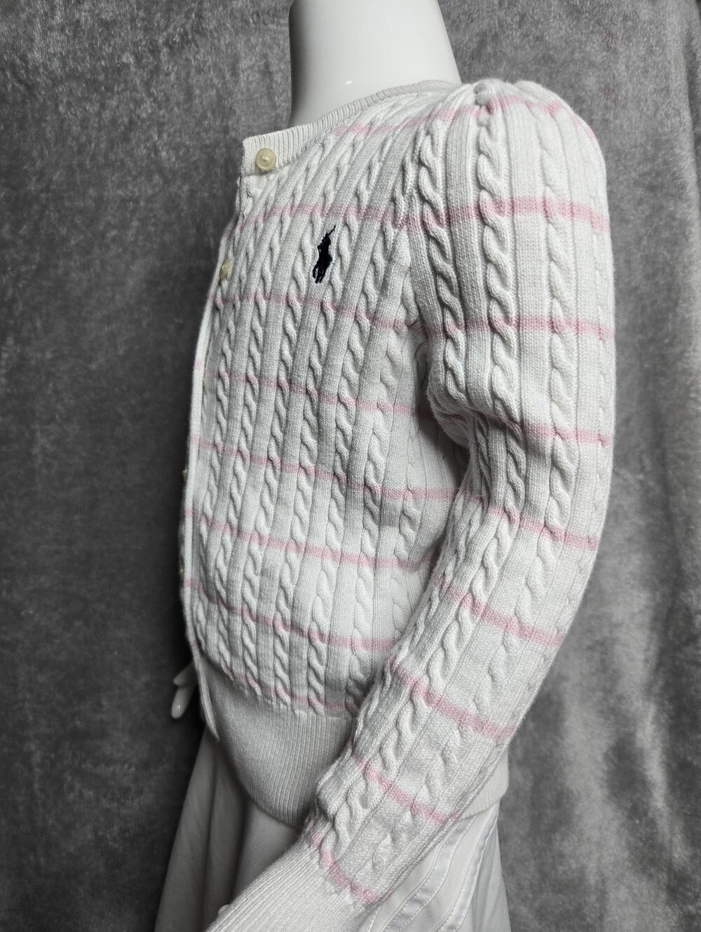 Ralph Lauren White Cable-Knit Cardigan with Light Pink Stripes - Picture 3 of 8